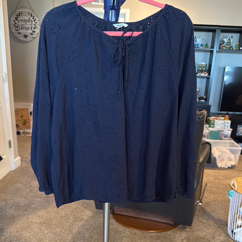 Sonoma eyelet Relaxed Long Sleeve Blue Blouse with Tie Front. Size XL